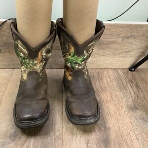 Rocky Little Kids Youth Sz 1 M Brown Camo Leather Roper Cowboy Western Boots